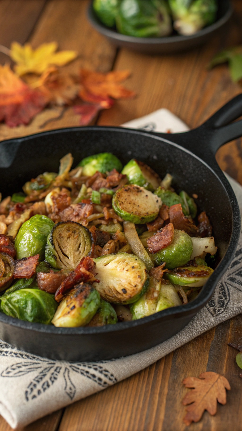 A skillet of Brussels sprouts with bacon, garnished with autumn leaves.