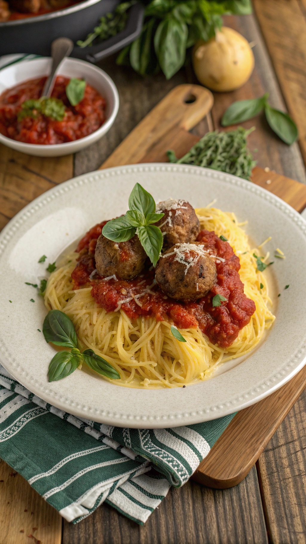 A plate of spaghetti squash topped with meatballs and marinara sauce, garnished with fresh basil.