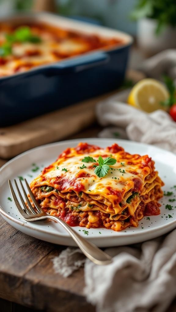A delicious slice of ground turkey lasagna on a plate, garnished with herbs, with a baking dish of lasagna in the background.