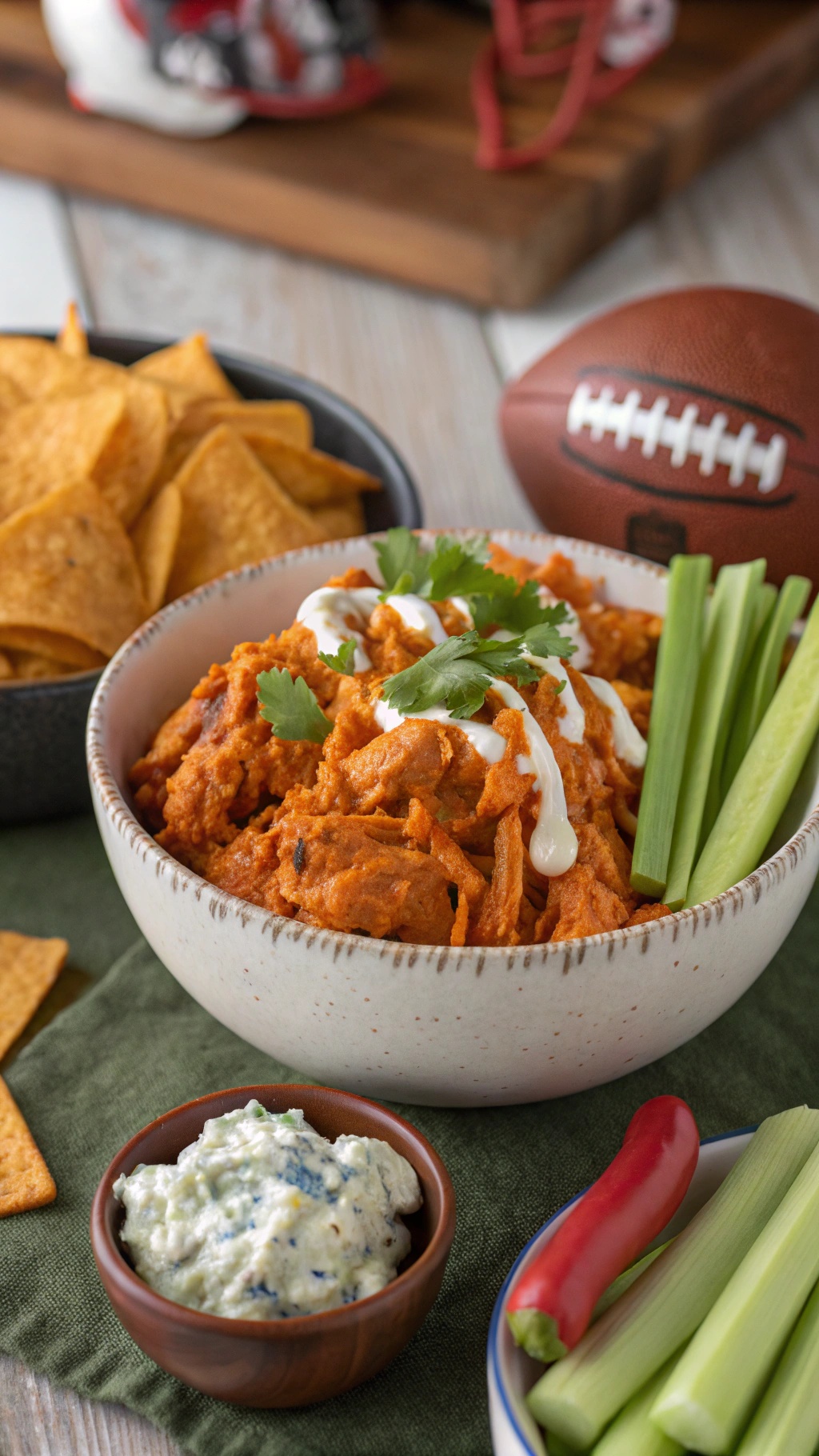 A bowl of buffalo chicken with celery sticks, chips, and a small bowl of dressing, perfect for a protein-packed snack.