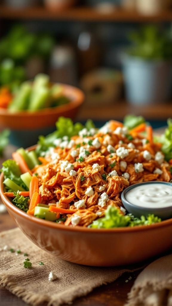 A colorful bowl of Buffalo Chicken Salad with shredded chicken, fresh vegetables, and a creamy dressing.