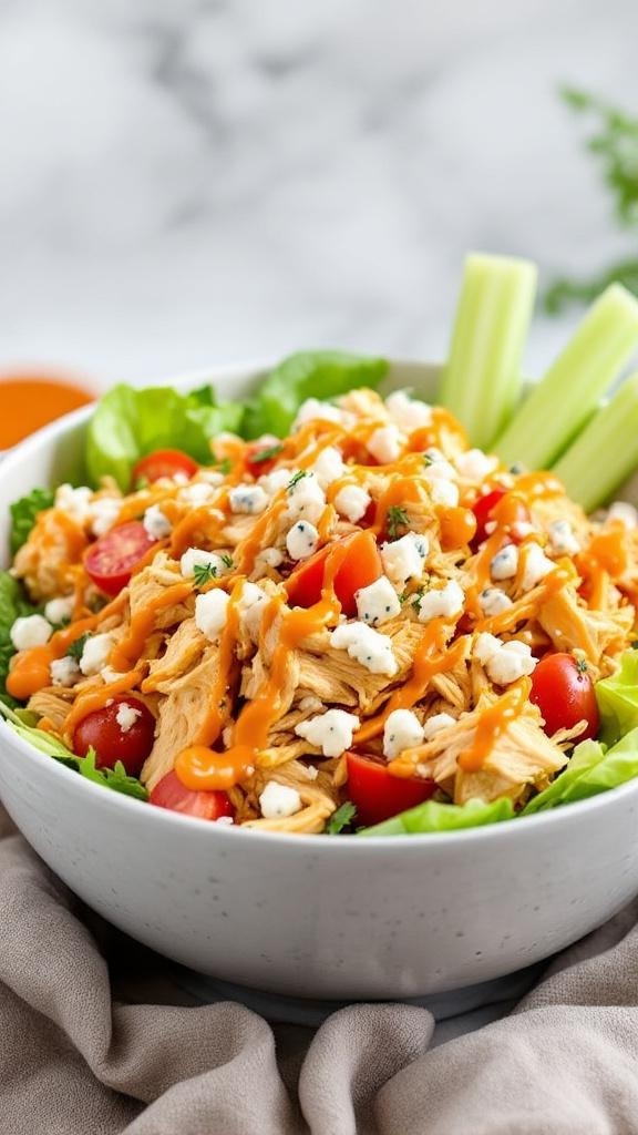 A bowl of Buffalo Chicken Salad with shredded chicken, cherry tomatoes, blue cheese, and celery on a bed of lettuce.