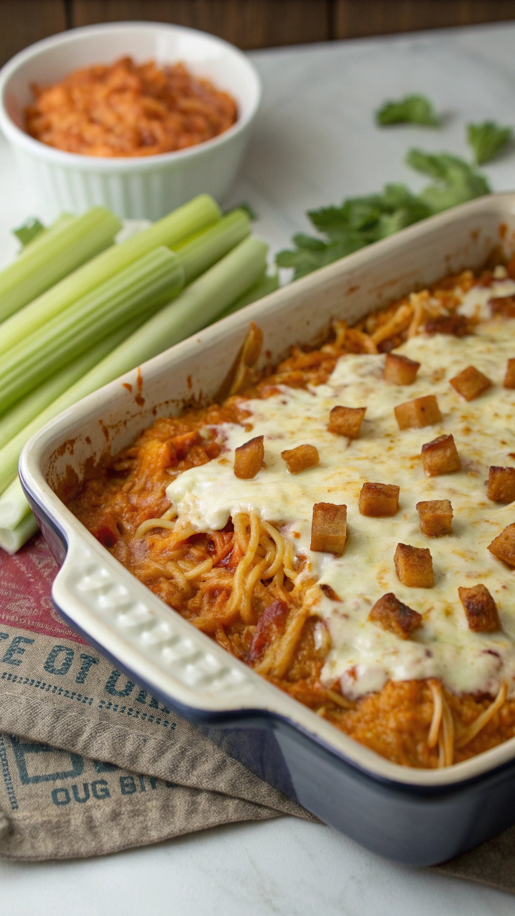 A delicious buffalo chicken spaghetti squash bake topped with cheese and crispy bits, served with celery sticks.