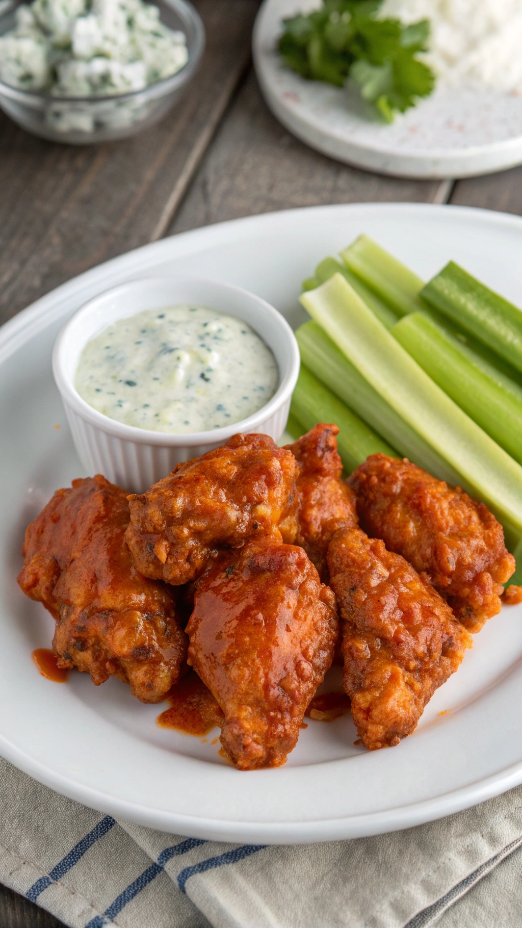 Buffalo chicken thighs with blue cheese dip and celery sticks on a plate.