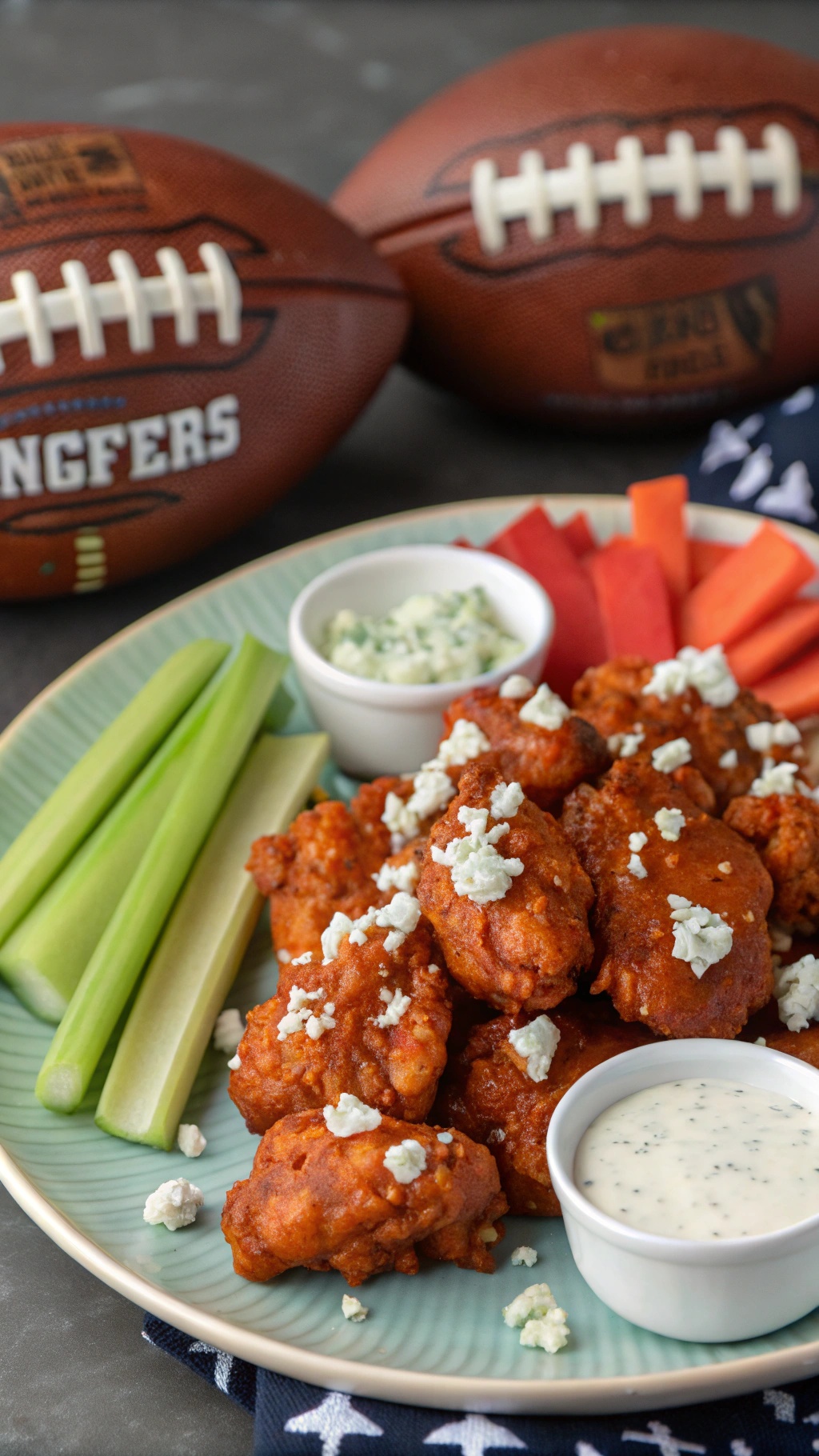 Buffalo chicken wings garnished with blue cheese crumbles, served with celery and carrot sticks, with footballs in the background.