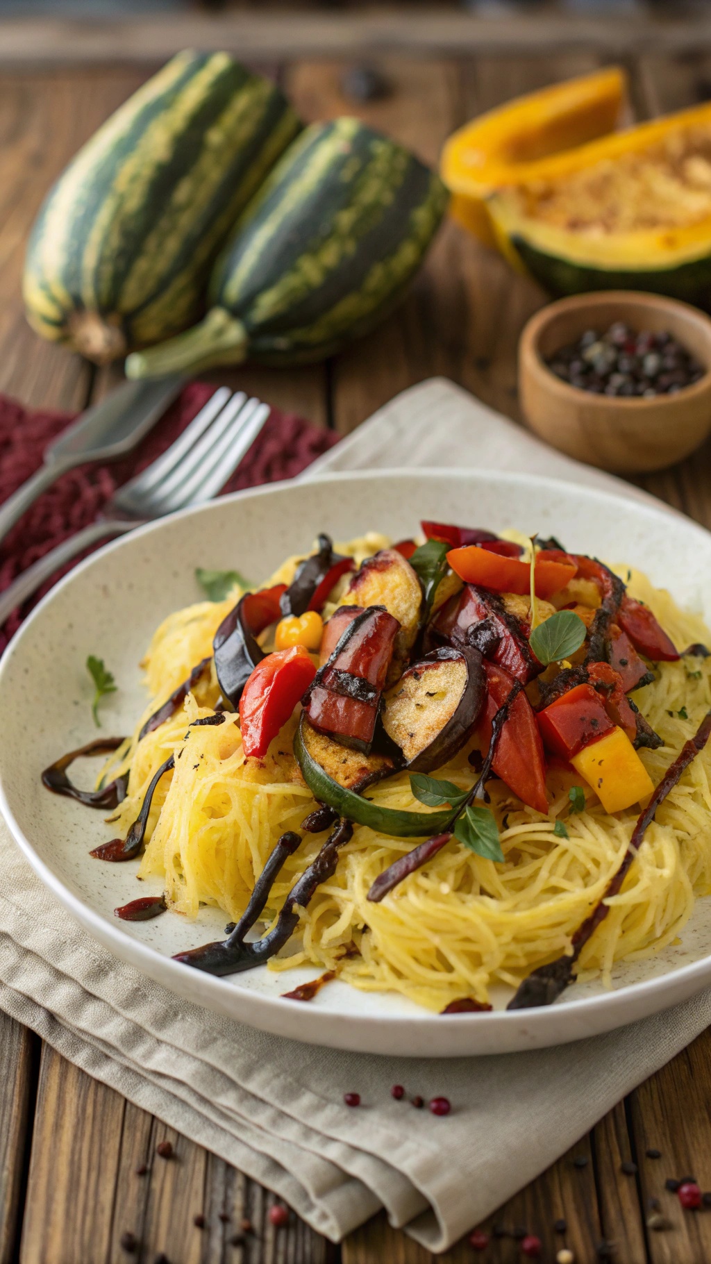 A plate of spaghetti squash topped with roasted vegetables, including bell peppers and zucchini, with balsamic glaze.