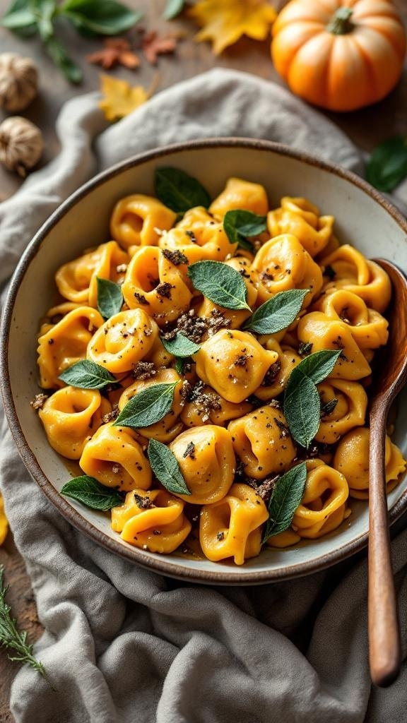 A bowl of butternut squash and sage tortellini garnished with fresh sage leaves.