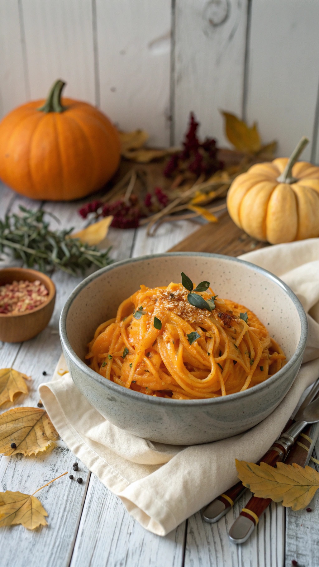 A bowl of butternut squash spaghetti garnished with herbs, surrounded by autumn leaves and pumpkins.