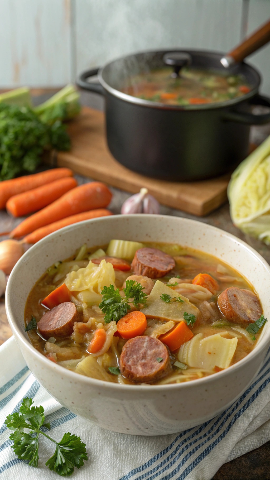 A bowl of cabbage and sausage soup with carrots and celery, garnished with parsley.