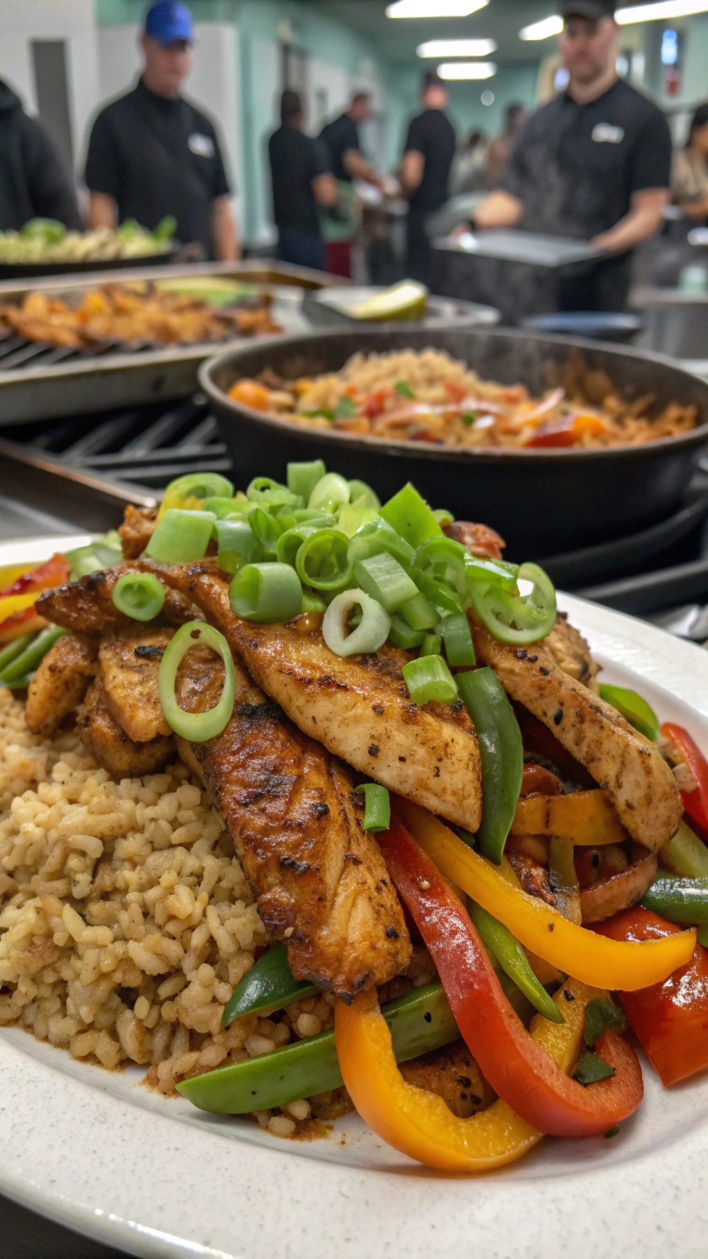 A plate of Cajun chicken with colorful bell peppers and rice, garnished with green onions.