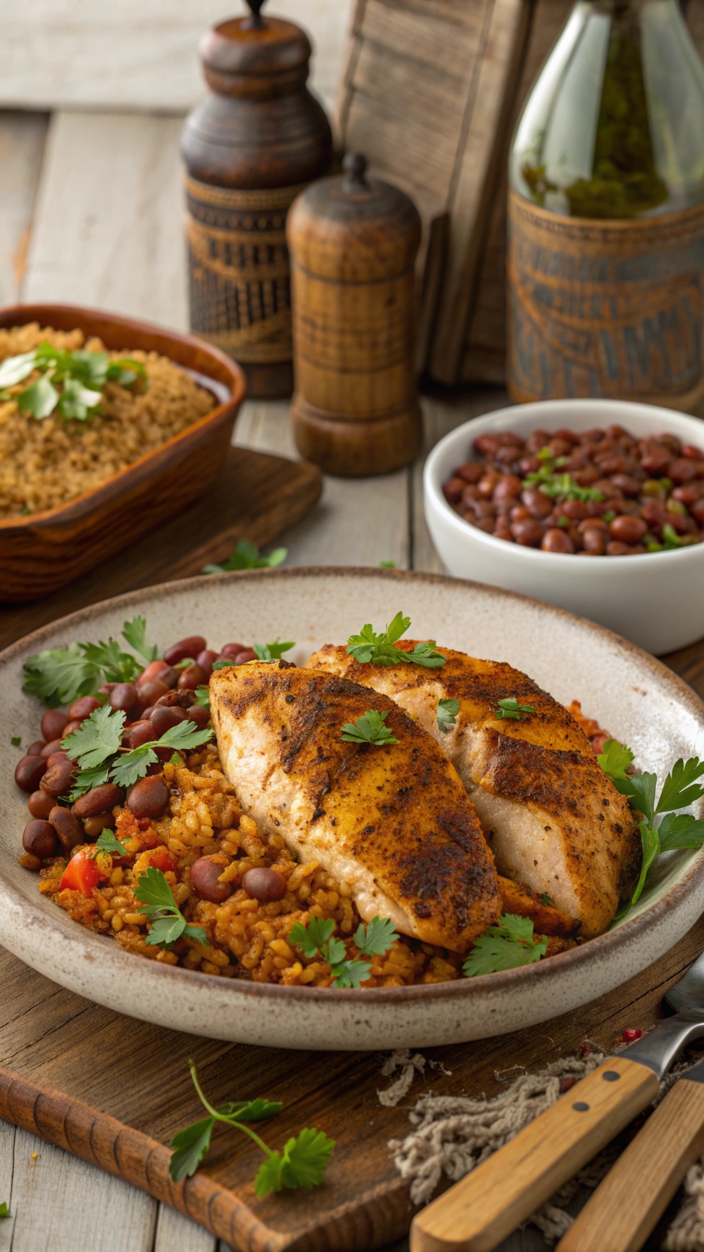 A plate of Cajun chicken served with seasoned rice and red beans, garnished with cilantro.