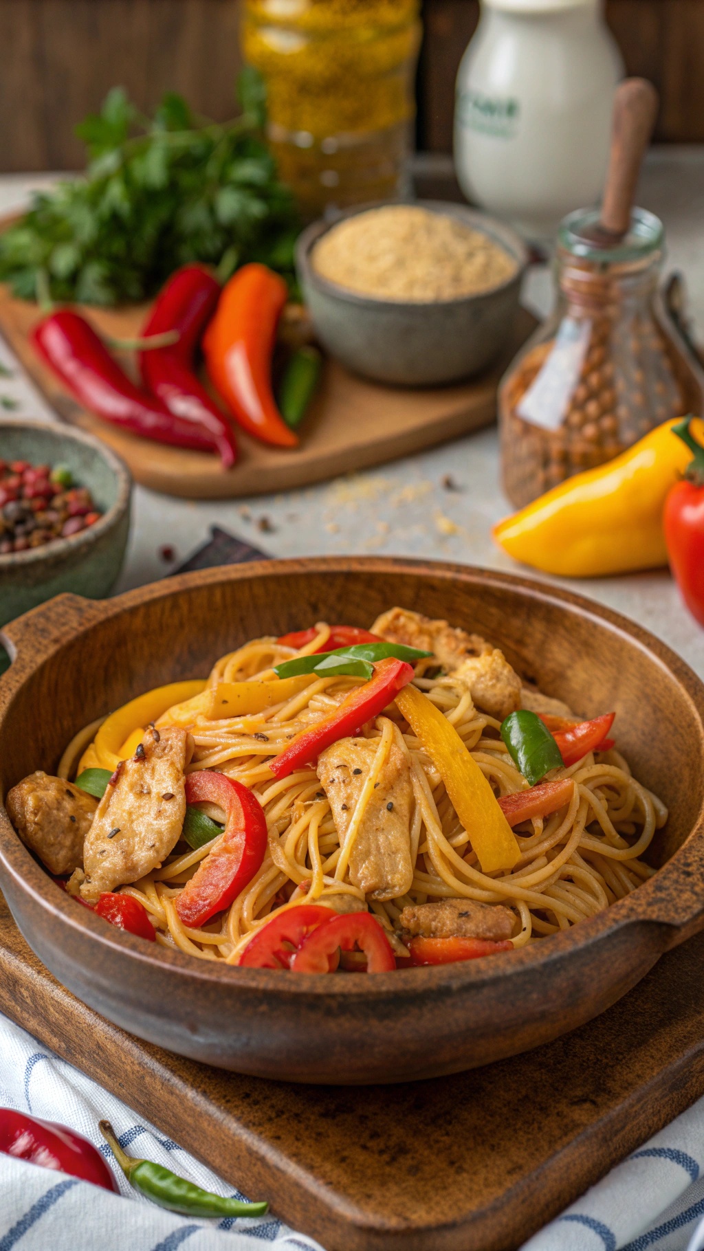 A bowl of Cajun Chicken Spaghetti with bell peppers, showcasing a colorful and protein-rich meal.