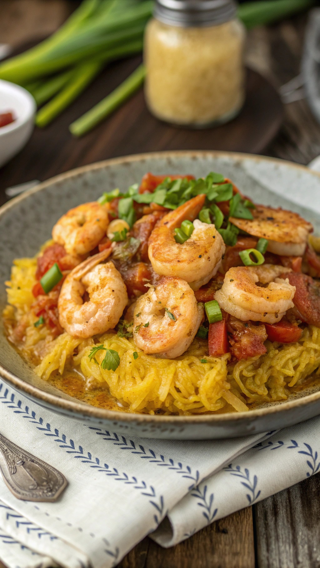 A bowl of Cajun shrimp served on spaghetti squash with diced vegetables and green onions
