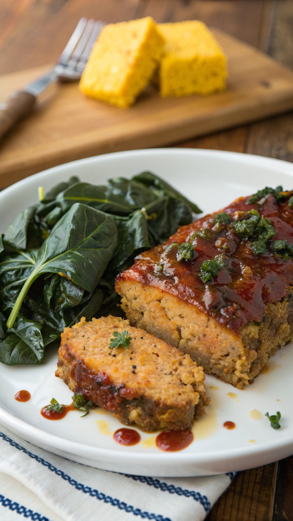 A plate of Cajun style chicken meatloaf served with greens and cornbread.