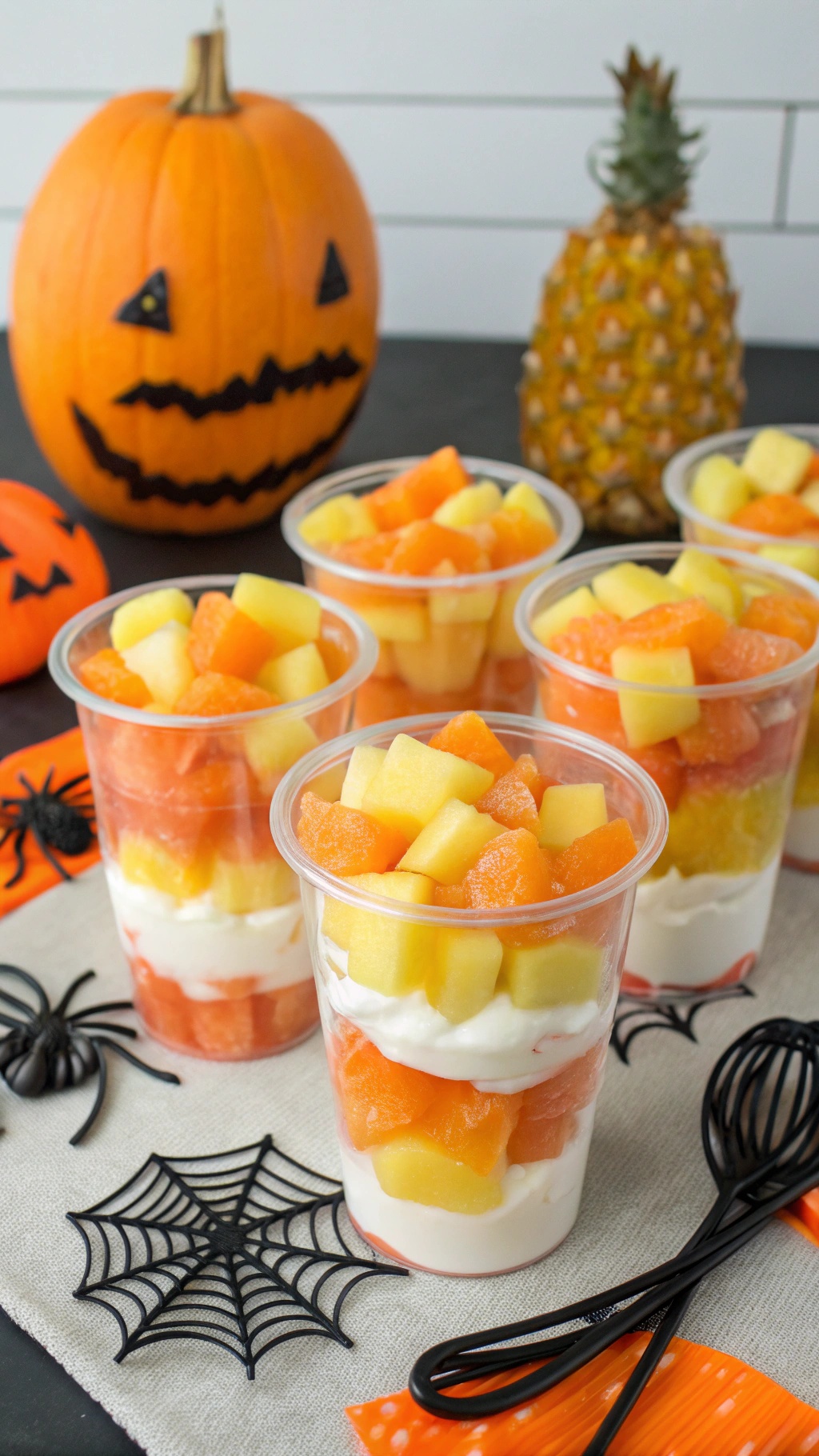 Colorful fruit cups resembling candy corn, filled with diced pineapple, mango, and cantaloupe, set against a Halloween backdrop.