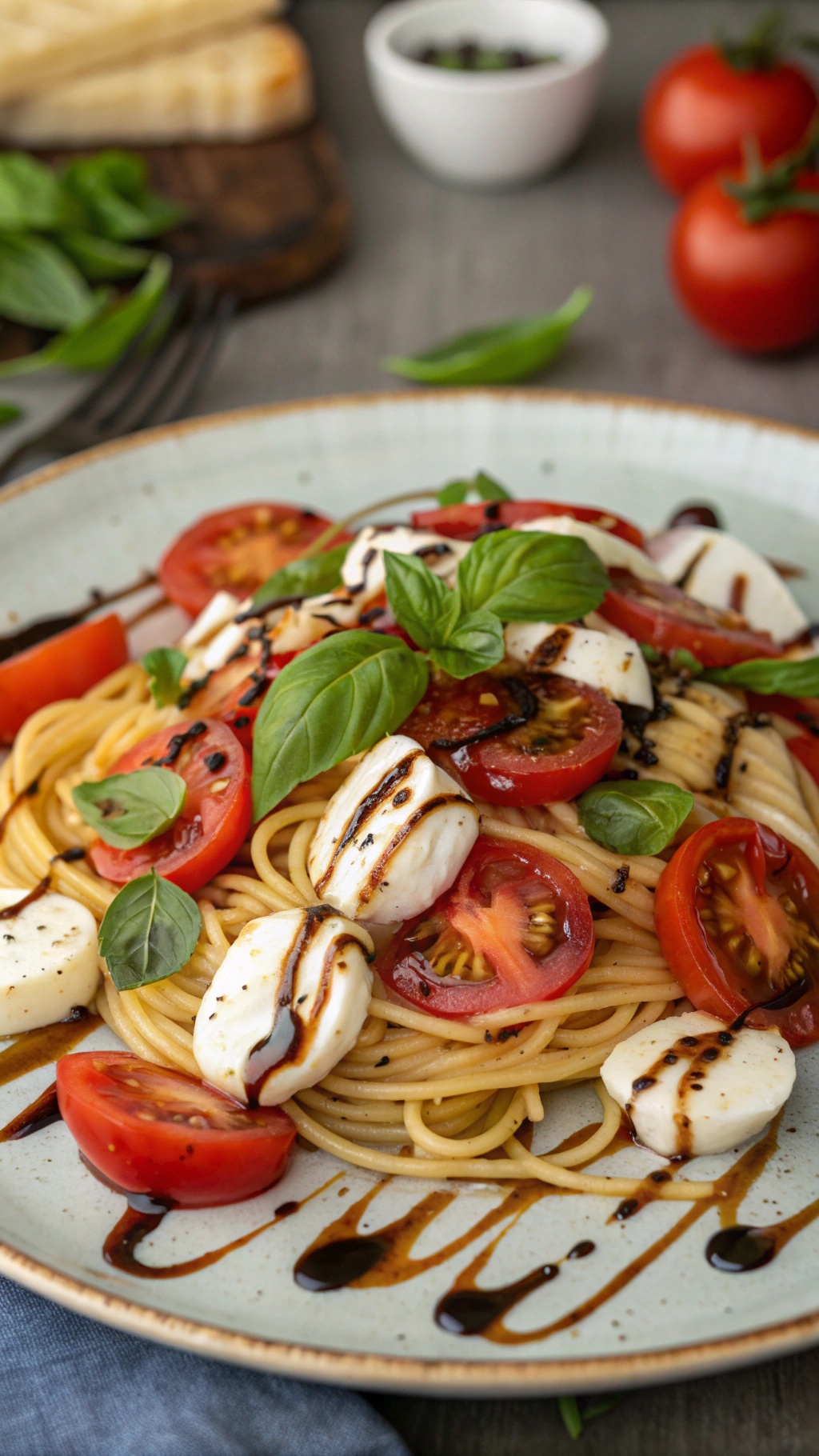 A plate of Caprese spaghetti with tomatoes, mozzarella, and basil drizzled with balsamic glaze.