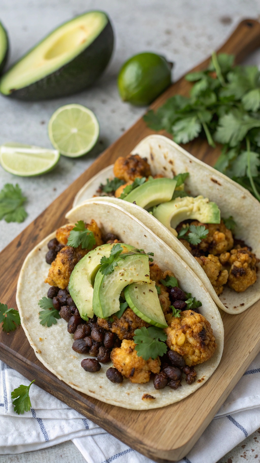 Cauliflower and black bean tacos with avocado and cilantro on a wooden board