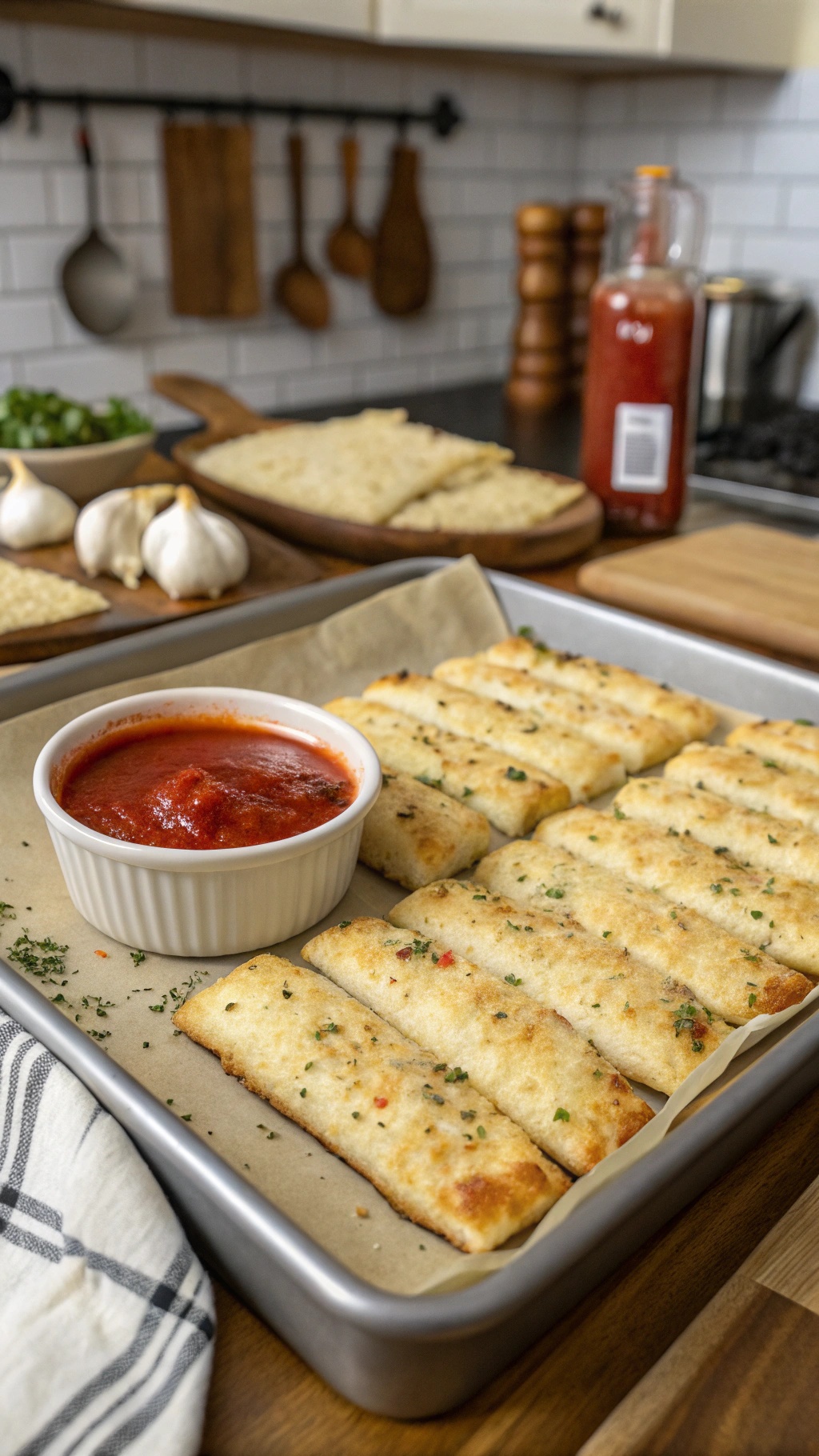 A tray of golden-brown cauliflower breadsticks next to a bowl of marinara sauce, garnished with herbs.