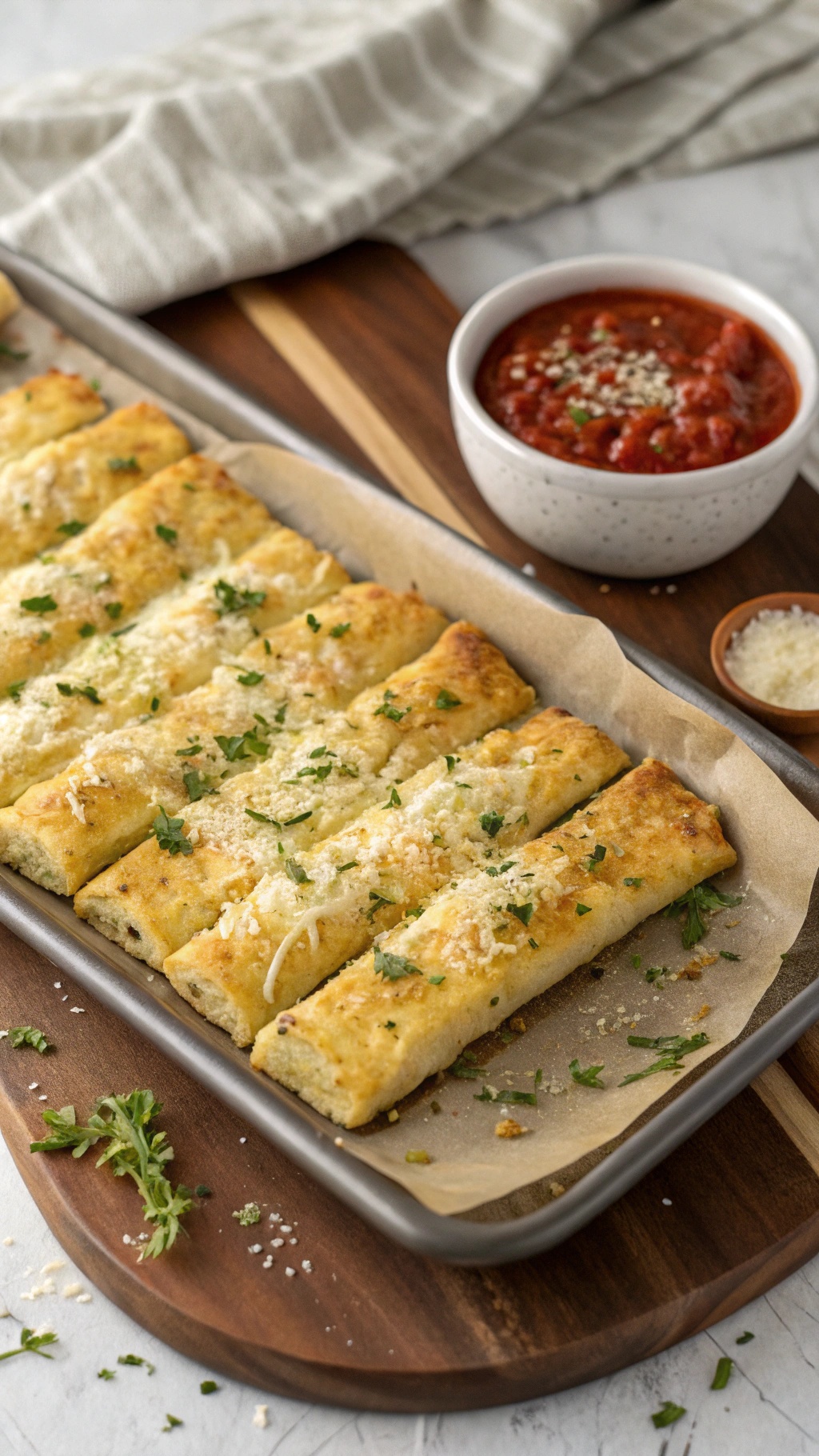 A tray of golden-brown cauliflower breadsticks with a side of marinara sauce.
