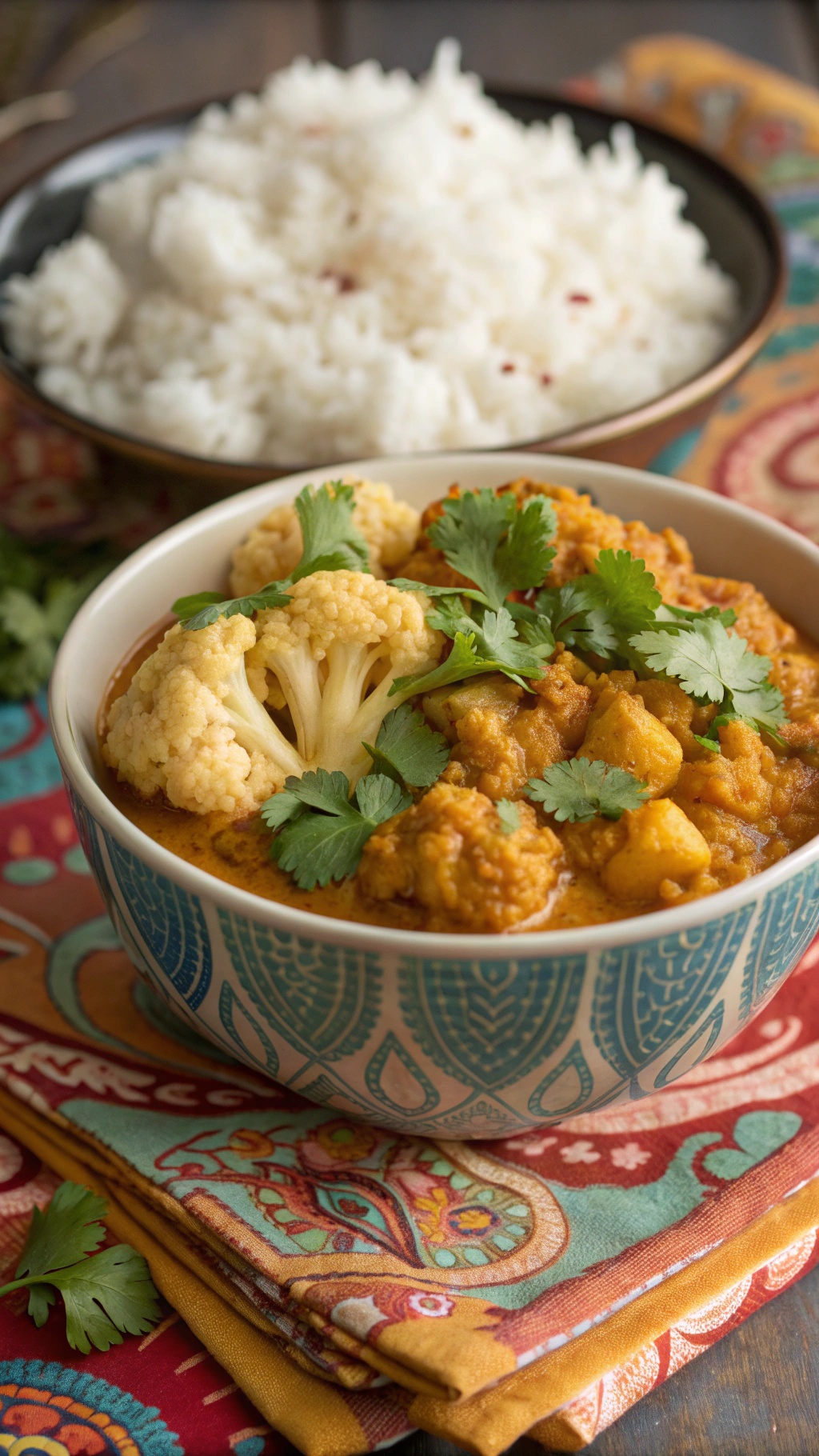 A bowl of cauliflower curry garnished with cilantro, served with rice.