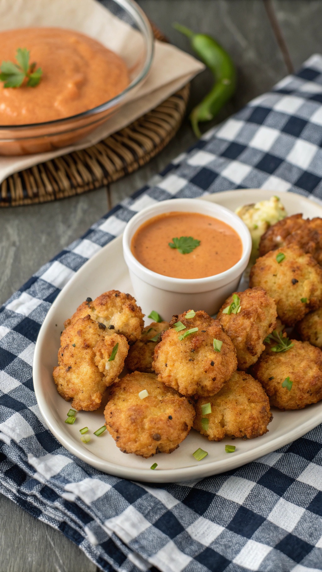 A plate of crispy cauliflower fritters served with a dipping sauce