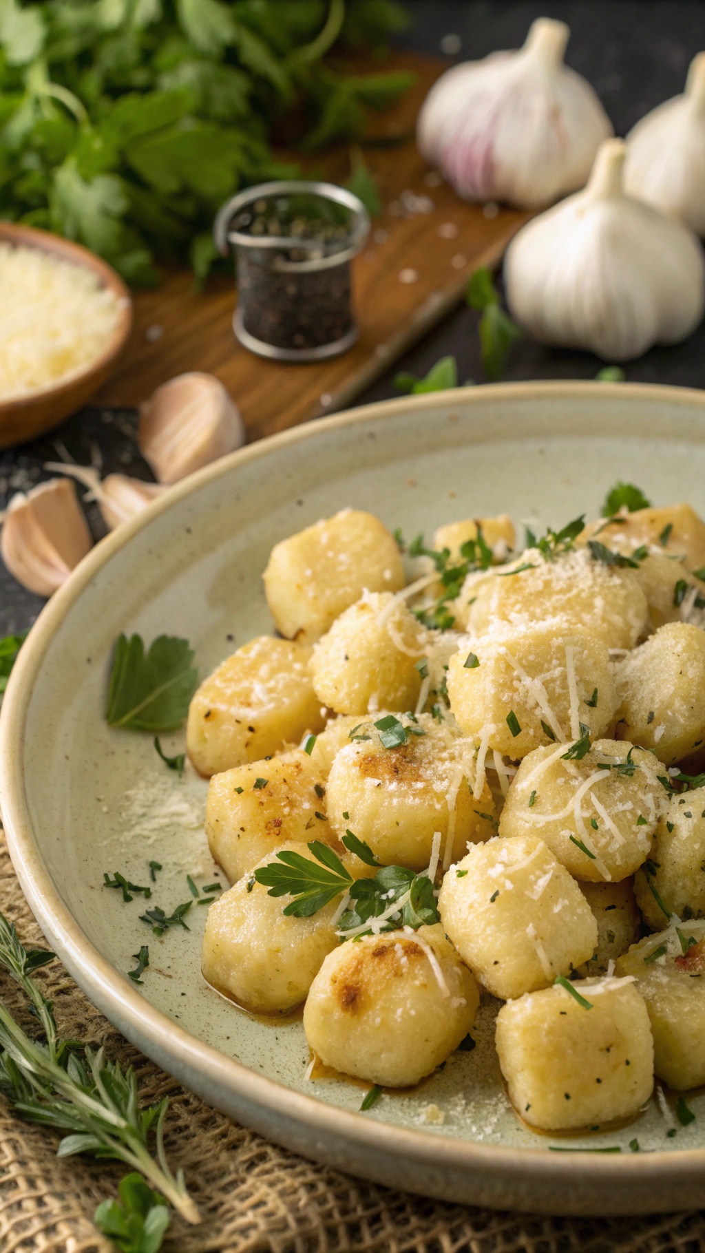 A plate of cauliflower gnocchi garnished with herbs and cheese, showcasing a soft and chewy texture.