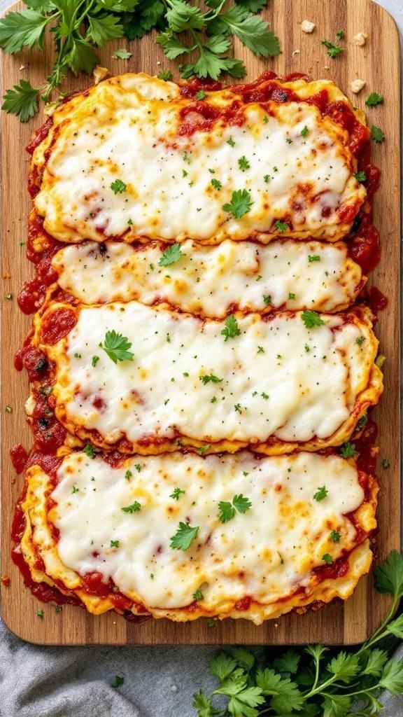 A delicious cauliflower lasagna topped with melted cheese and garnished with parsley.