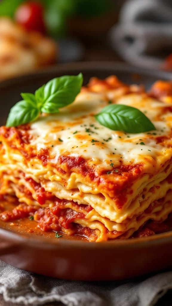 A delicious layered cauliflower lasagna topped with fresh basil and melted cheese.