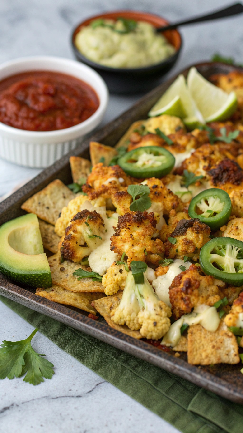 A plate of cauliflower nachos topped with cheese, jalapeños, and cilantro, served with salsa and guacamole.