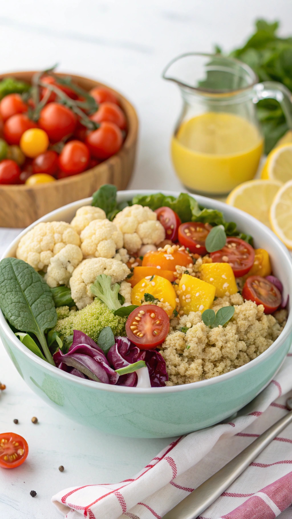 A colorful bowl of cauliflower quinoa salad with cherry tomatoes and greens.