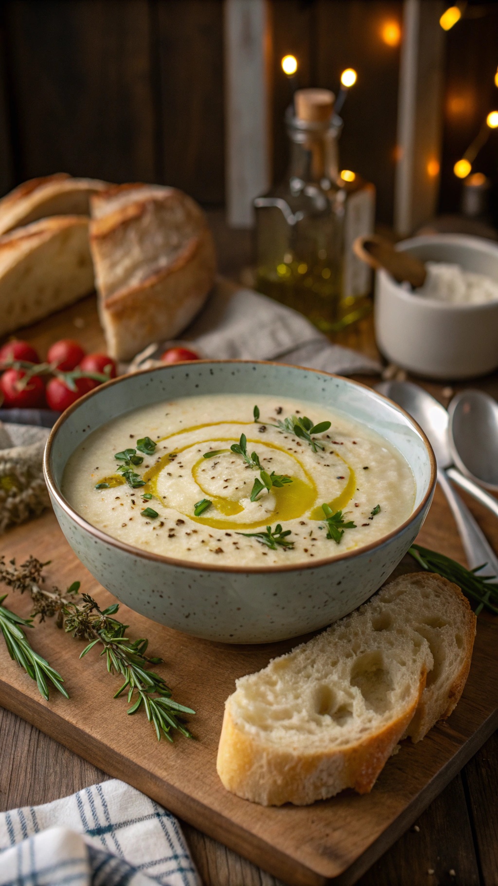 A bowl of creamy cauliflower soup garnished with herbs and olive oil, served with a slice of bread.
