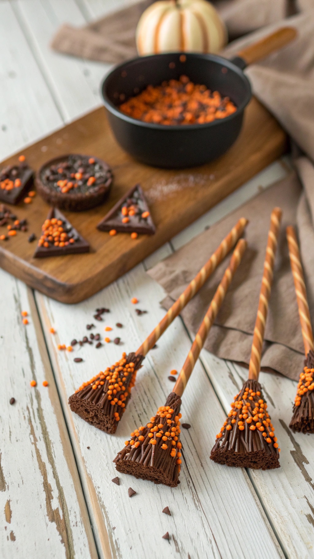 Chocolate-dipped pretzel brooms decorated with orange and black sprinkles on a wooden board.