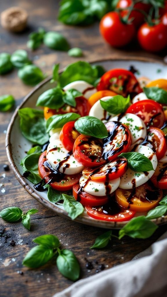 A vibrant vegan Caprese salad featuring sliced tomatoes, vegan mozzarella, fresh basil, and balsamic glaze on a rustic plate.