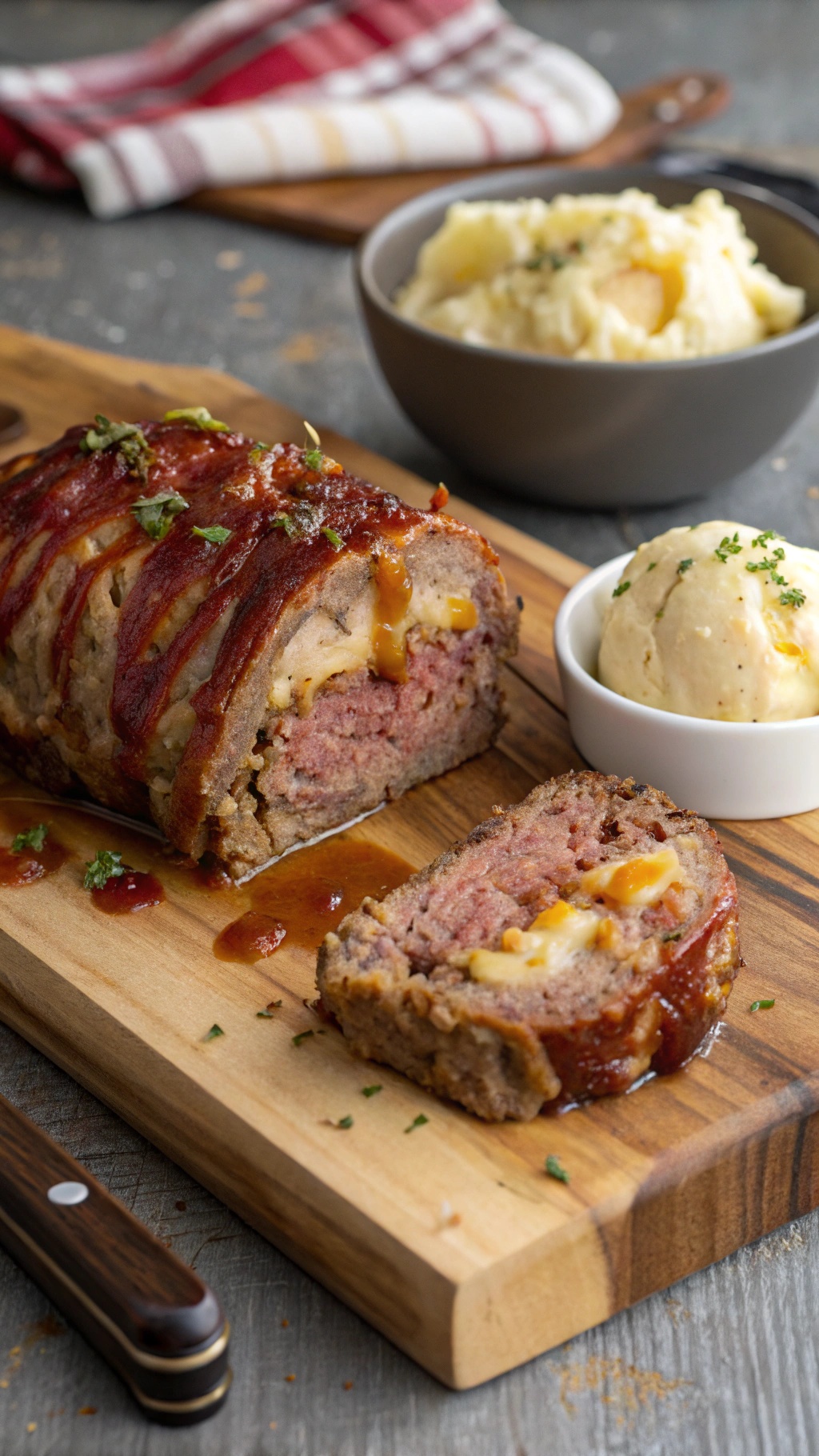 Cheesy bacon meatloaf served with mashed potatoes