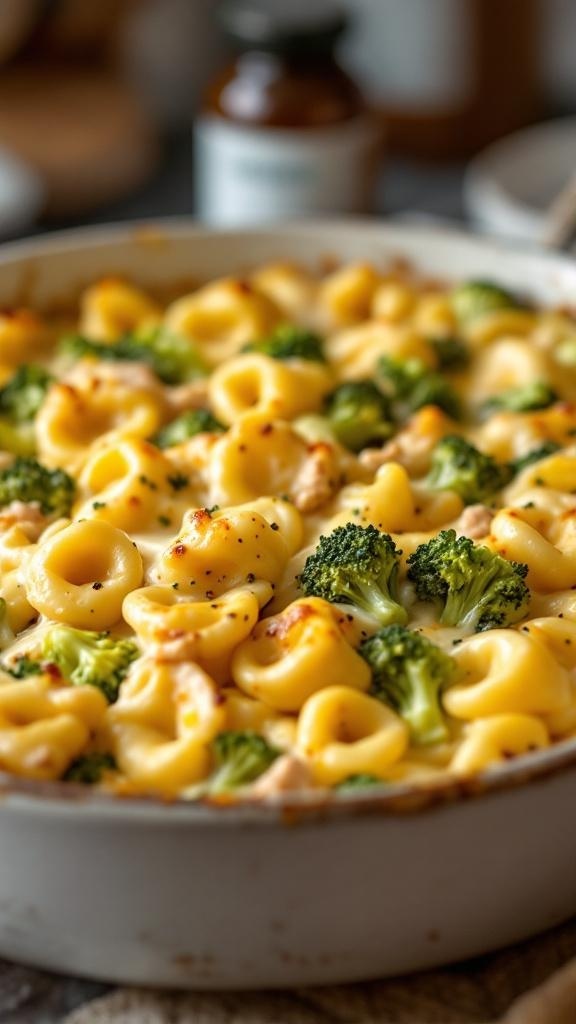 A delicious cheesy broccoli and chicken tortellini casserole, topped with melted cheese and broccoli florets.