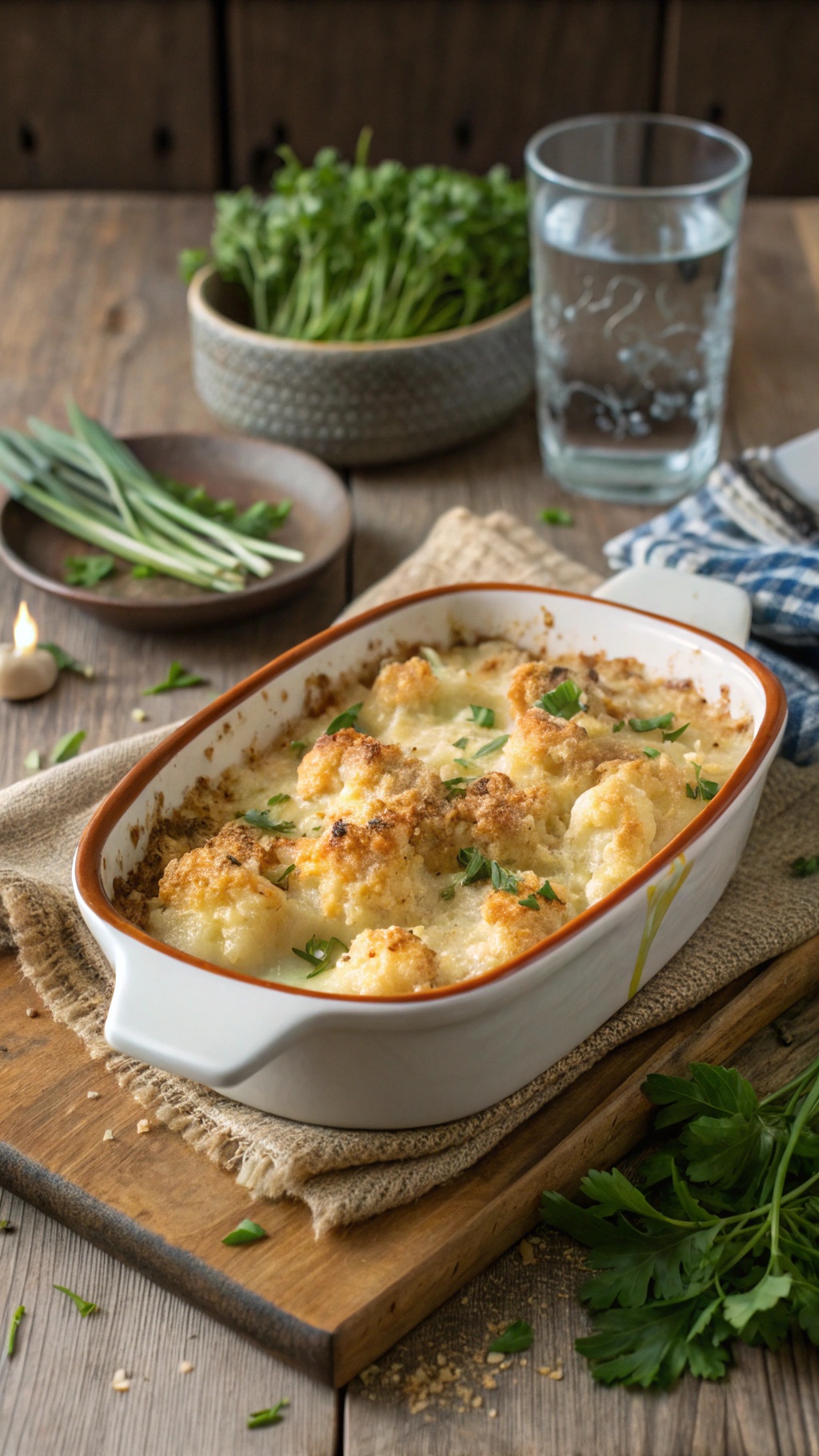 Cheesy cauliflower bake in a white dish, garnished with herbs, on a wooden table.