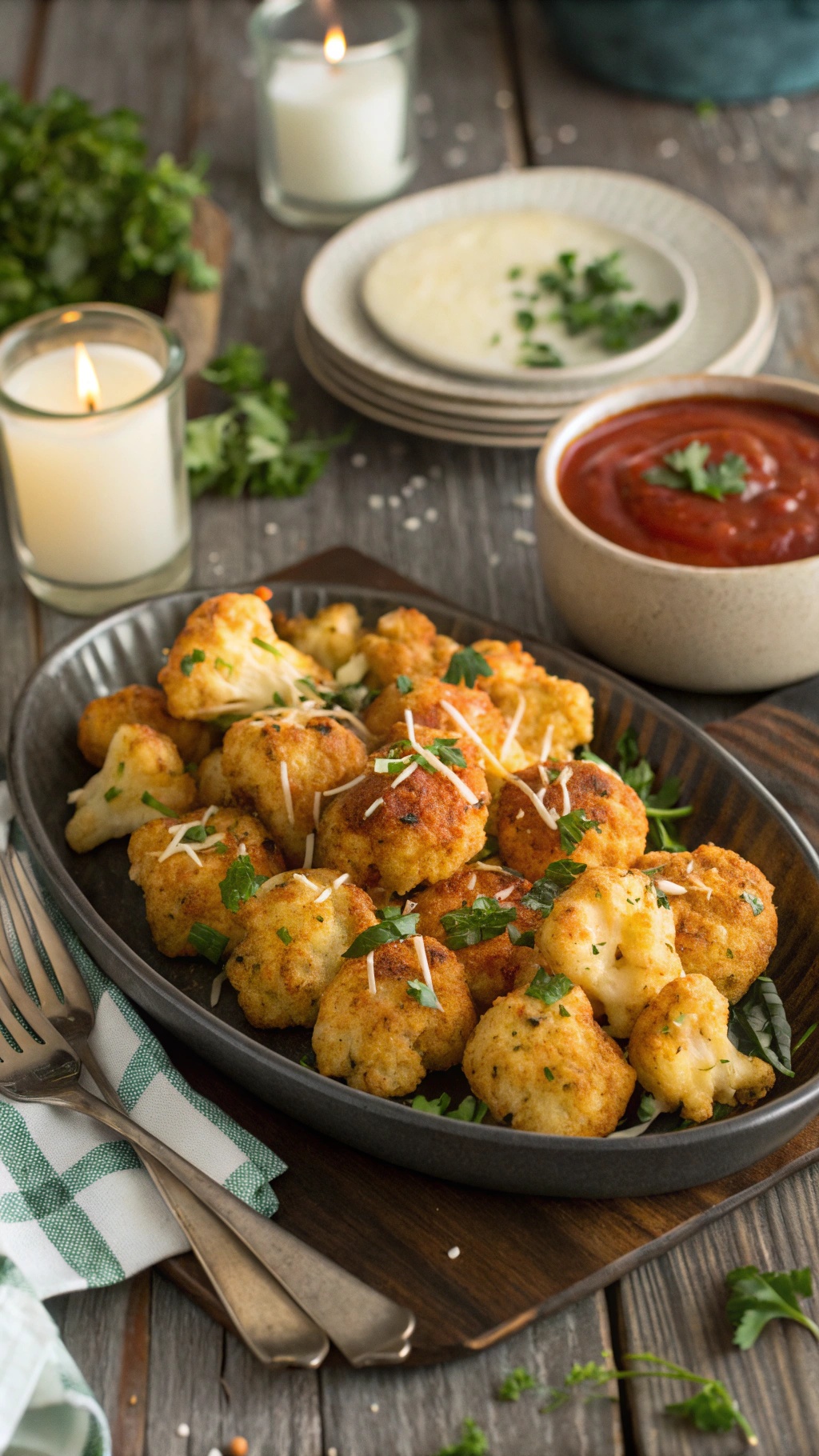 A platter of cheesy cauliflower bites garnished with parsley, served with marinara sauce.