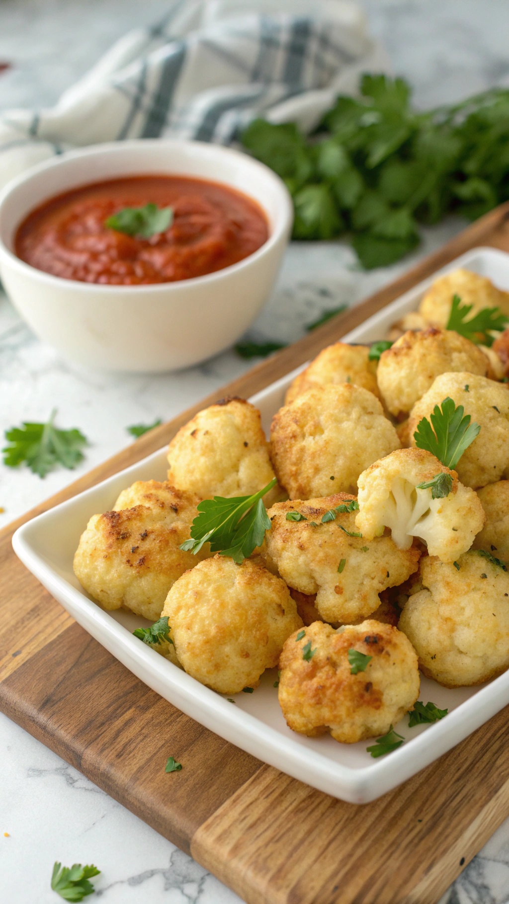 A plate of cheesy cauliflower bites with a bowl of marinara sauce in the background.