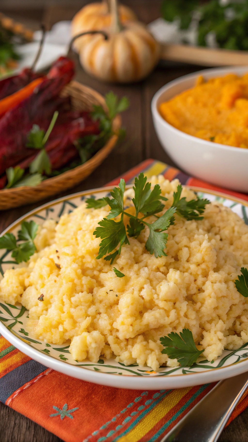 A plate of cheesy cauliflower rice garnished with parsley, surrounded by festive Thanksgiving decorations.