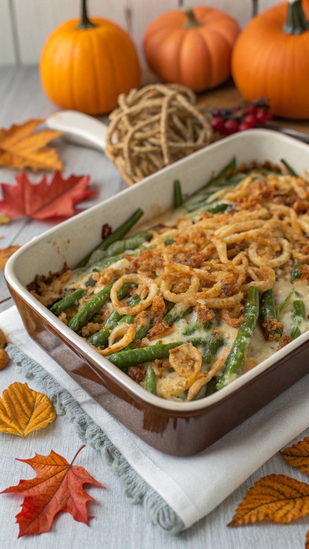 Cheesy green bean casserole with crispy onion topping, surrounded by autumn leaves and pumpkins.