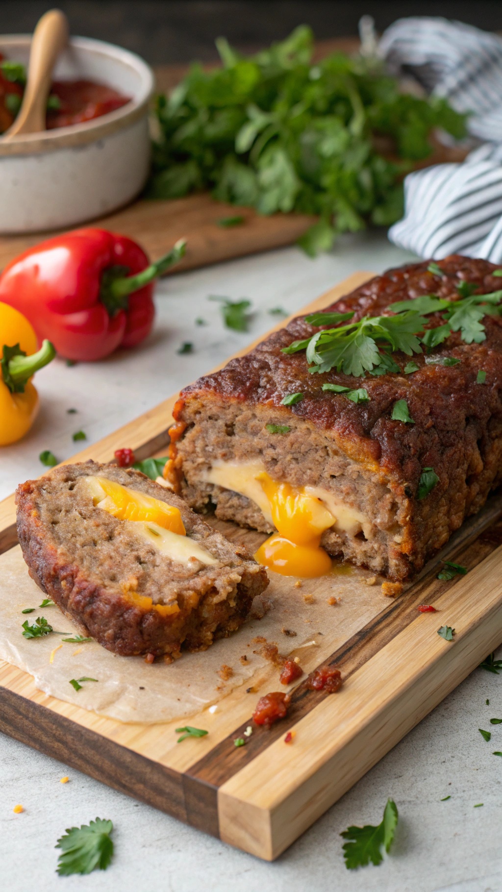 A delicious cheesy meatloaf with a surprise filling of melted cheese, garnished with fresh herbs.