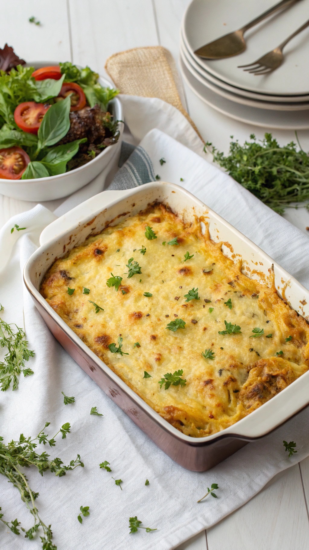 A cheesy spaghetti squash casserole with fresh herbs on top, served alongside a vibrant salad.