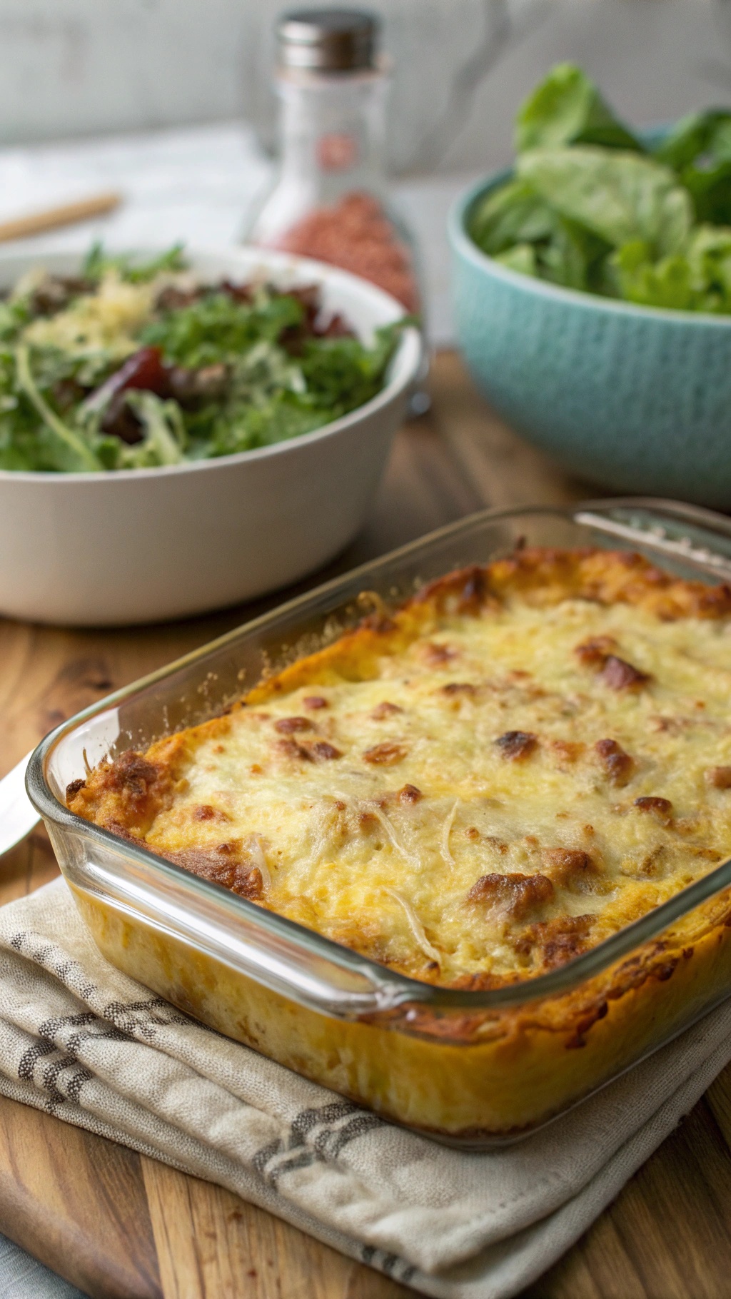 A cheesy spaghetti squash casserole in a glass dish, surrounded by fresh salads.