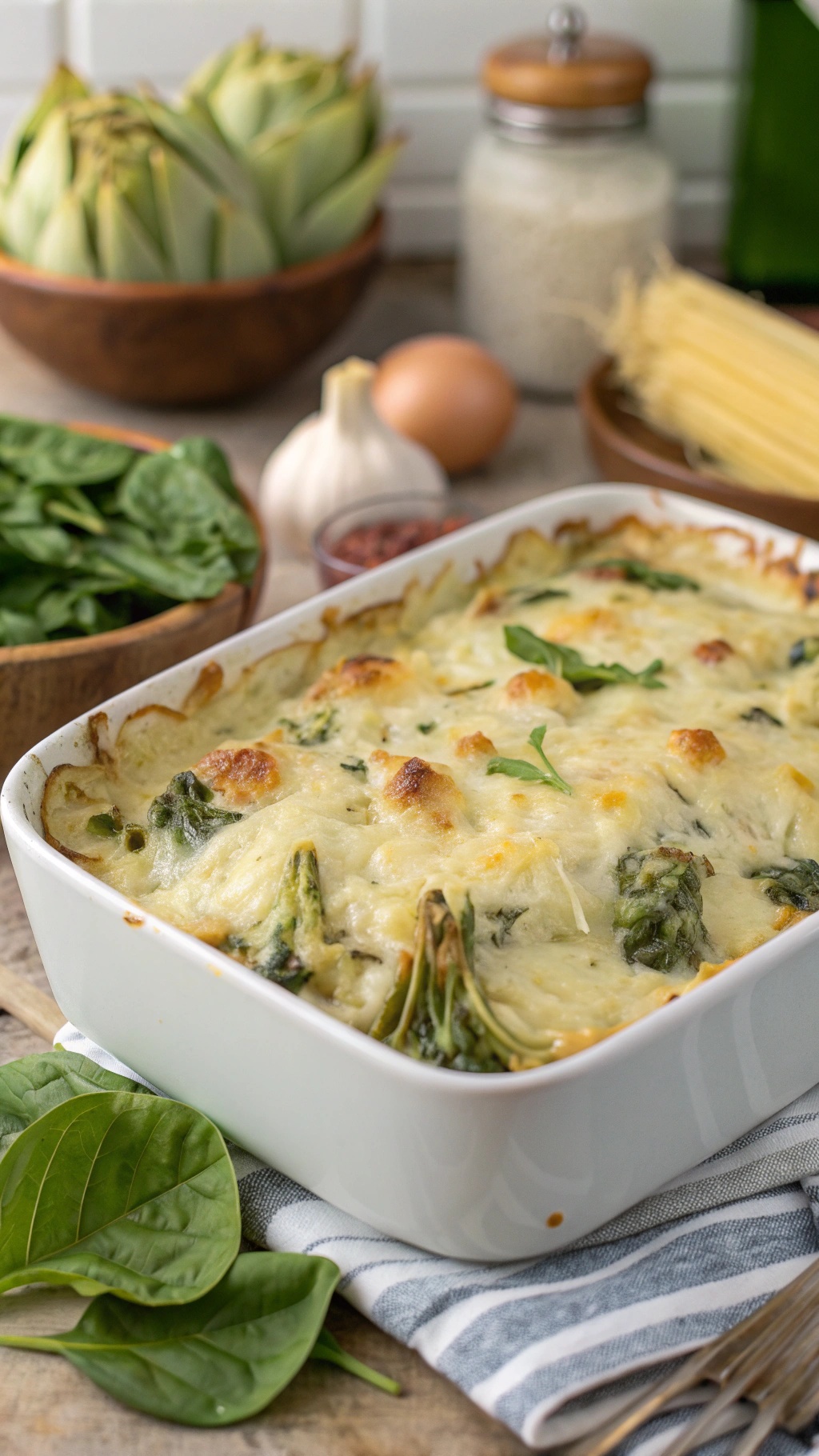 A delicious cheesy spinach and artichoke spaghetti squash casserole, topped with melted cheese and surrounded by fresh ingredients.