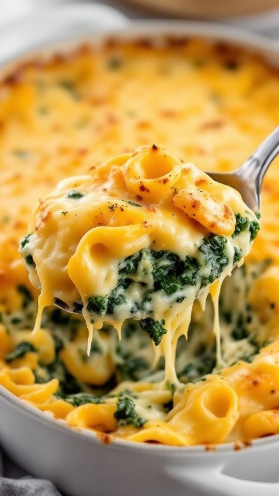 A cheesy tortellini and spinach casserole being served from a baking dish.