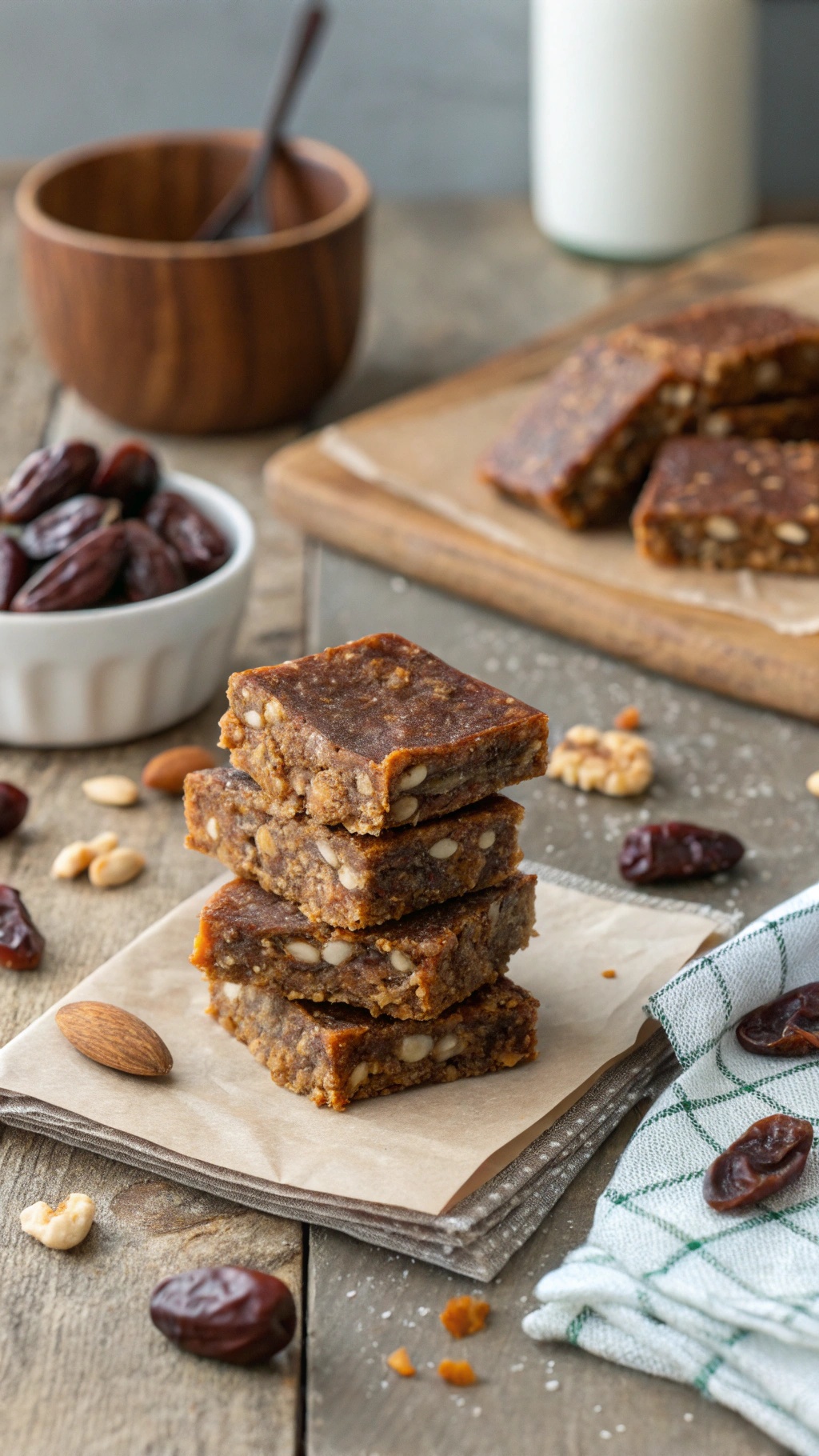 Chewy date and nut energy bars stacked on a wooden surface with dates and nuts in the background.