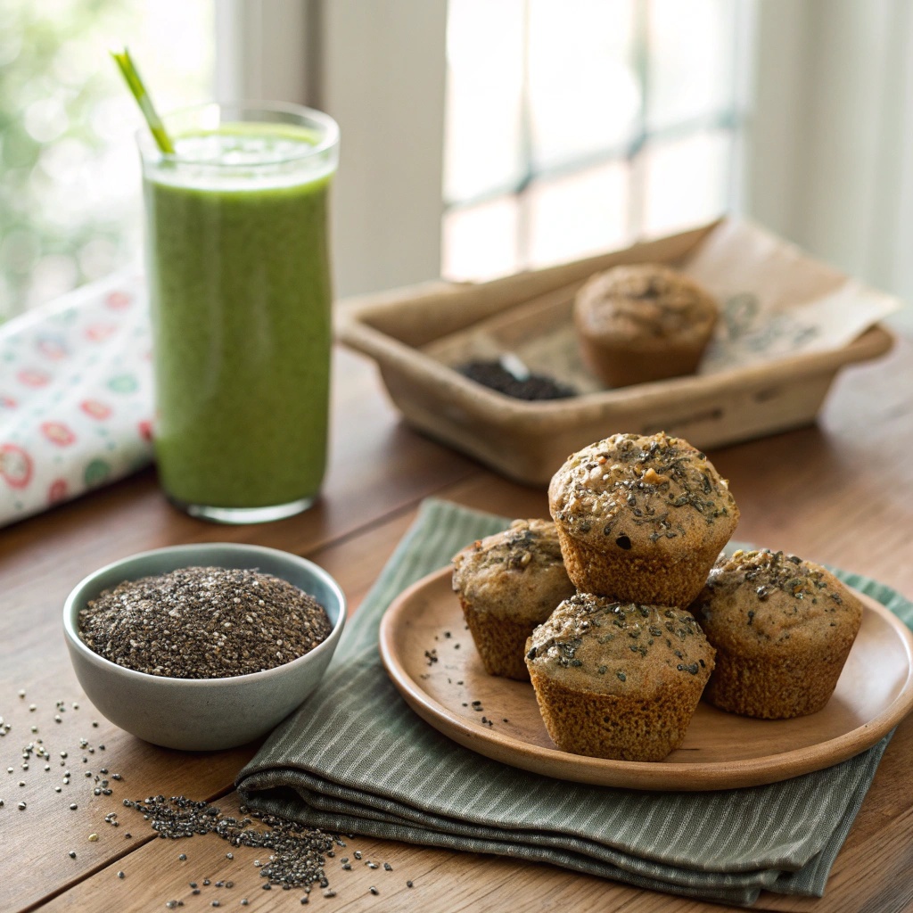 Chia seed muffins with chocolate chips, surrounded by bowls of chia seeds and a green smoothie.