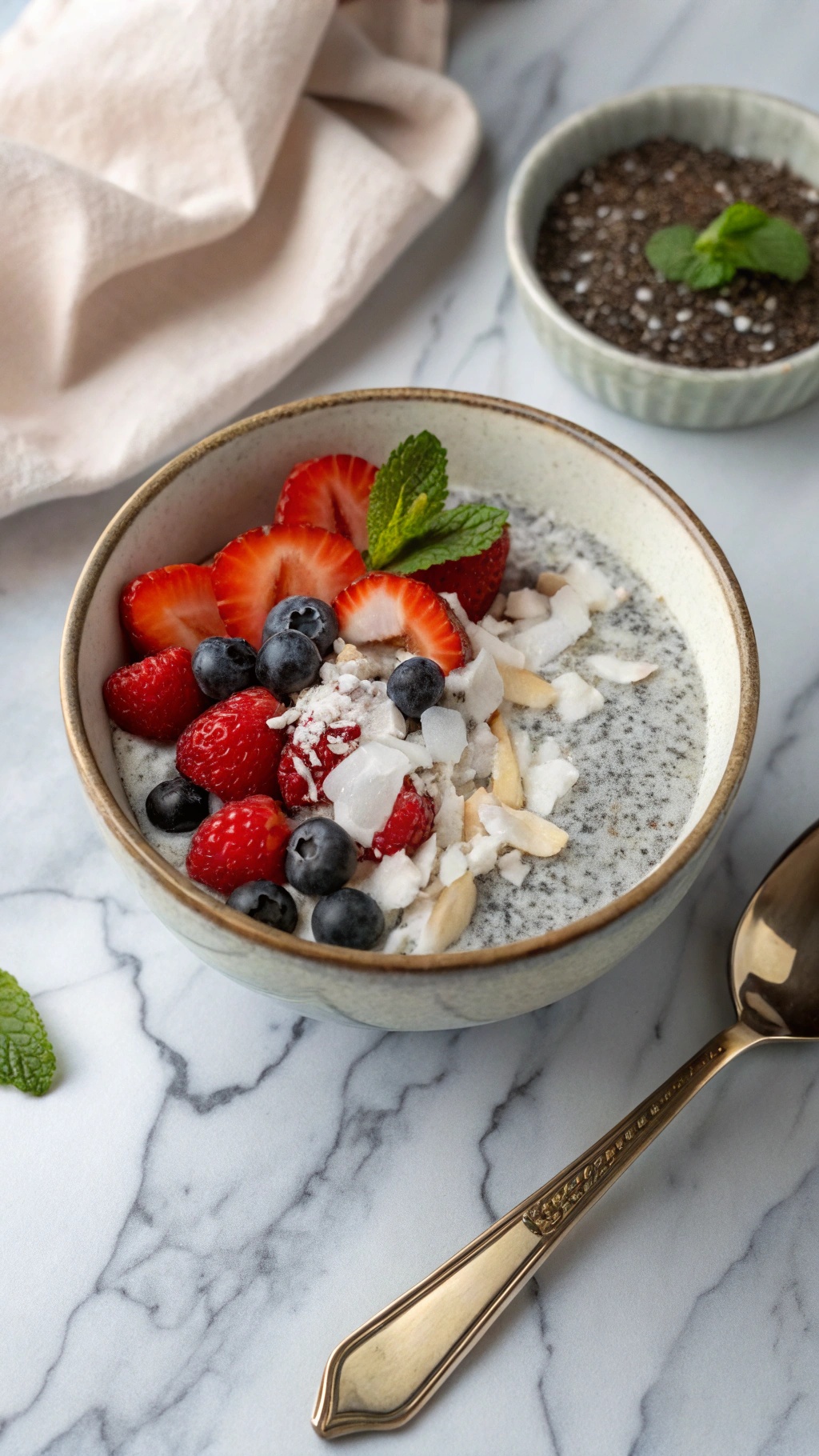 A bowl of chia seed pudding topped with strawberries, blueberries, and coconut flakes on a marble surface.