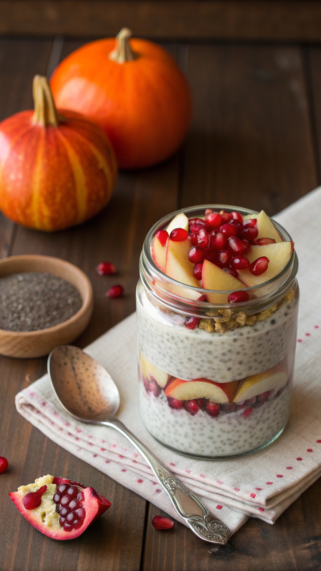 A jar of chia seed pudding layered with apples and pomegranate seeds, with pumpkins in the background.