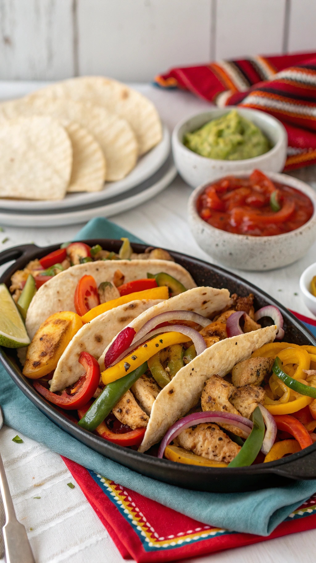 A platter of chicken fajitas with colorful bell peppers and tortillas, served with guacamole and salsa.